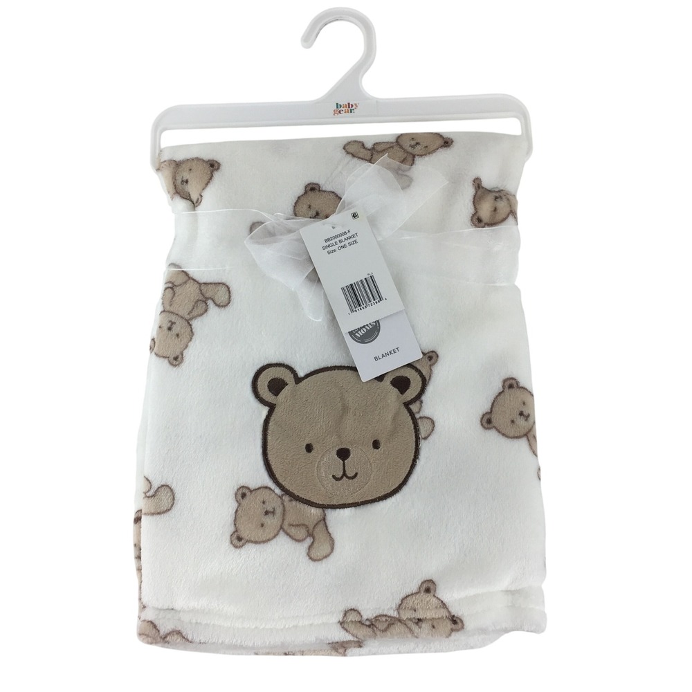 Baby Gear Blanket White Teddy Bear Plush Fleece Embroidered 30x40 Inches